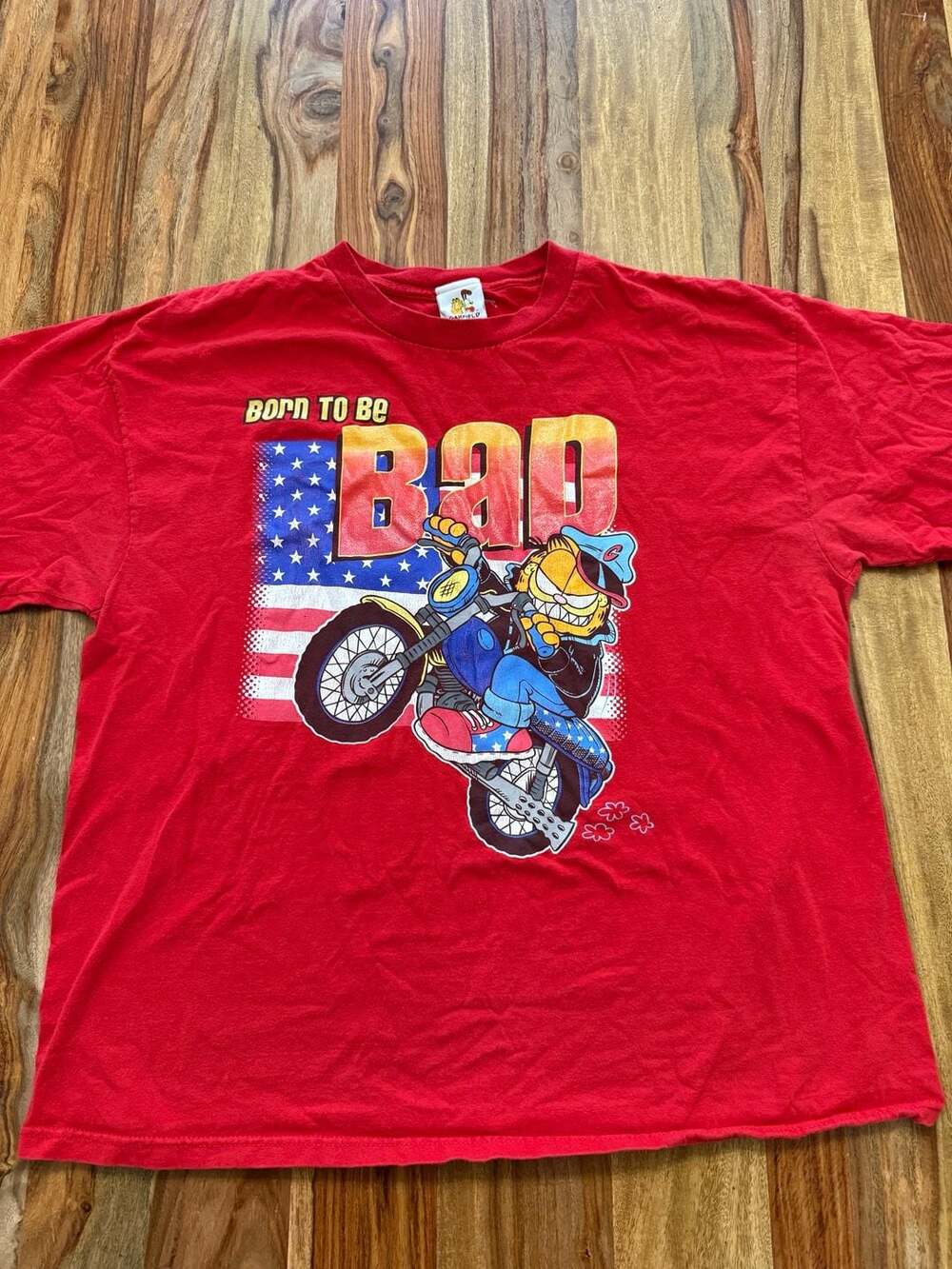 Vintage 90s Garfield Born To Be Bad Motorcycle T-Shirt Red XL